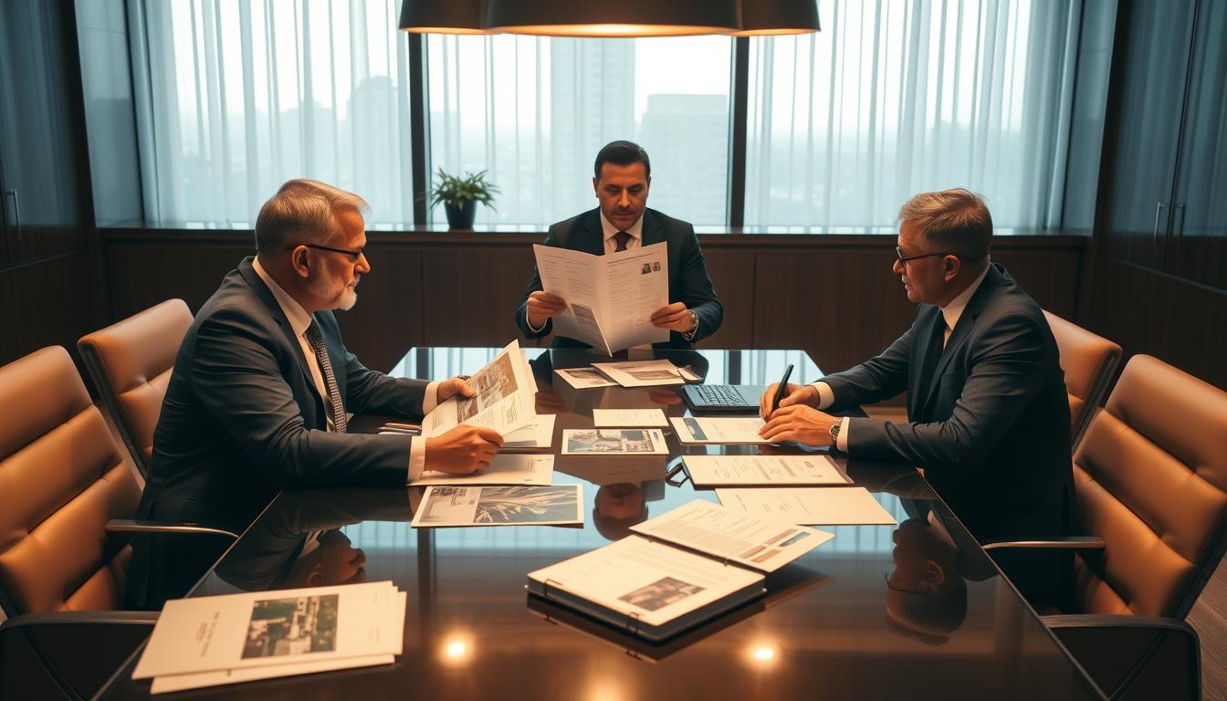 Professional broker meeting with investors discussing private investment opportunities: real images