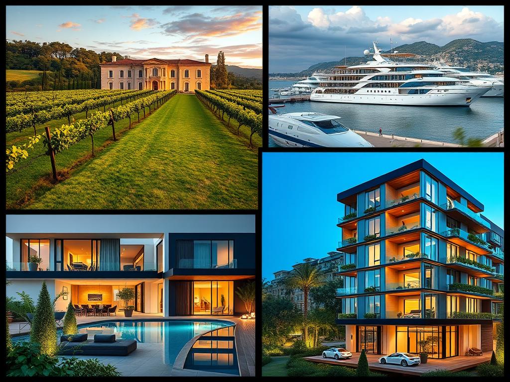 Luxury real estate portfolio showing exclusive properties in Italy, Monaco and Africa