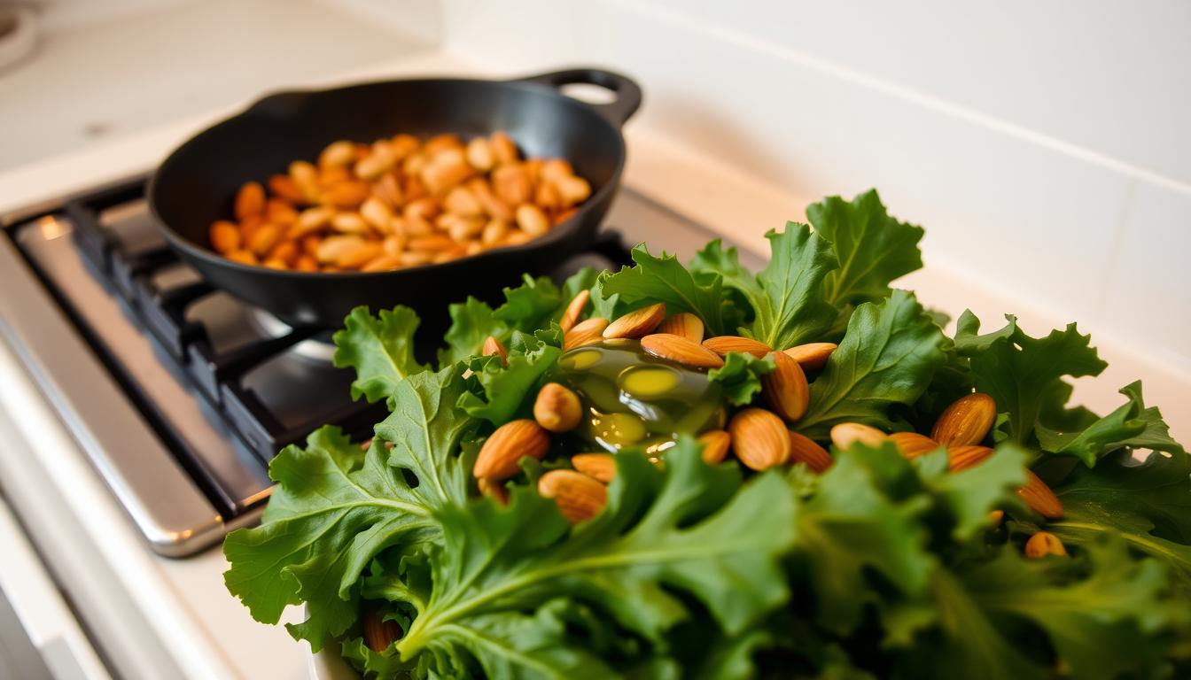 A warm, evenly lit kitchen countertop with a cast iron skillet on the stovetop, filled with golden-brown toasted almonds. In the foreground, fresh kale leaves are being gently massaged with a drizzle of olive oil, ready to be tossed into the salad. The background features a clean, minimalist backdrop, allowing the focus to remain on the preparation of this wholesome, nourishing dish.