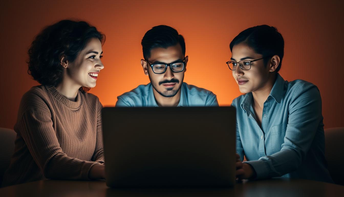 الاستخدام الثاني: تحسين التواصل والمراسلات An office scene with two colleagues engaged in a thoughtful discussion, their faces illuminated by the soft glow of a laptop screen. The background is a warm, earthy tone, creating a cozy and collaborative atmosphere. The lighting is gentle, casting subtle shadows that accentuate the facial expressions and body language of the individuals, conveying a sense of connection and understanding. The composition is balanced, with the two figures occupying the foreground, while the laptop serves as a central focal point, symbolizing the role of technology in facilitating effective communication.
