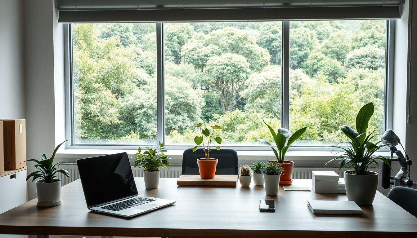 الاستراتيجية الخامسة: استراتيجيات التواصل البيئي الفعال A serene office setting with natural elements, showcasing eco-friendly communication strategies. The scene features a minimalist desk with potted plants, a laptop, and a mobile device, all bathed in soft, diffused lighting. In the background, a large window overlooks a lush, verdant landscape, emphasizing the connection between the workspace and the natural world. The overall atmosphere is calming and conducive to productive, sustainable practices. The composition focuses on simplicity, balance, and the integration of technology with environmentally-conscious design.