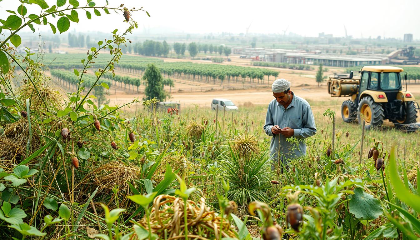 A complex landscape depicting the challenges of implementing biological pest control in Egypt. In the foreground, a tangle of diverse flora and fauna - beneficial insects, weeds, and crops - illustrates the delicate balance of natural ecosystems. The middle ground shows a farmer examining pest damage, contemplating integrated pest management strategies. In the background, modern agricultural infrastructure and machinery hint at the technological advancements needed to scale up biocontrol. The lighting is soft and diffused, creating an atmosphere of thoughtful contemplation. The angle is a high, three-quarter view, providing a holistic perspective on the multifaceted challenges of transitioning to sustainable biocontrol practices in Egypt's agricultural landscape.