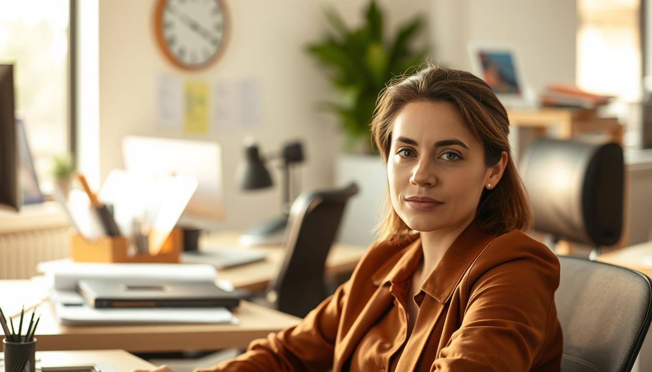 A serene, tranquil office setting with a person sitting at a desk, calmly addressing negative feedback. The foreground features the person with a neutral, composed expression, focused on their work. The middle ground showcases various office supplies and a computer, conveying a professional environment. The background is softly blurred, hinting at other coworkers or elements, creating a sense of a collaborative workspace. The lighting is warm and natural, casting a calming glow throughout the scene. The overall atmosphere is one of poise, resilience, and the ability to handle criticism effectively.