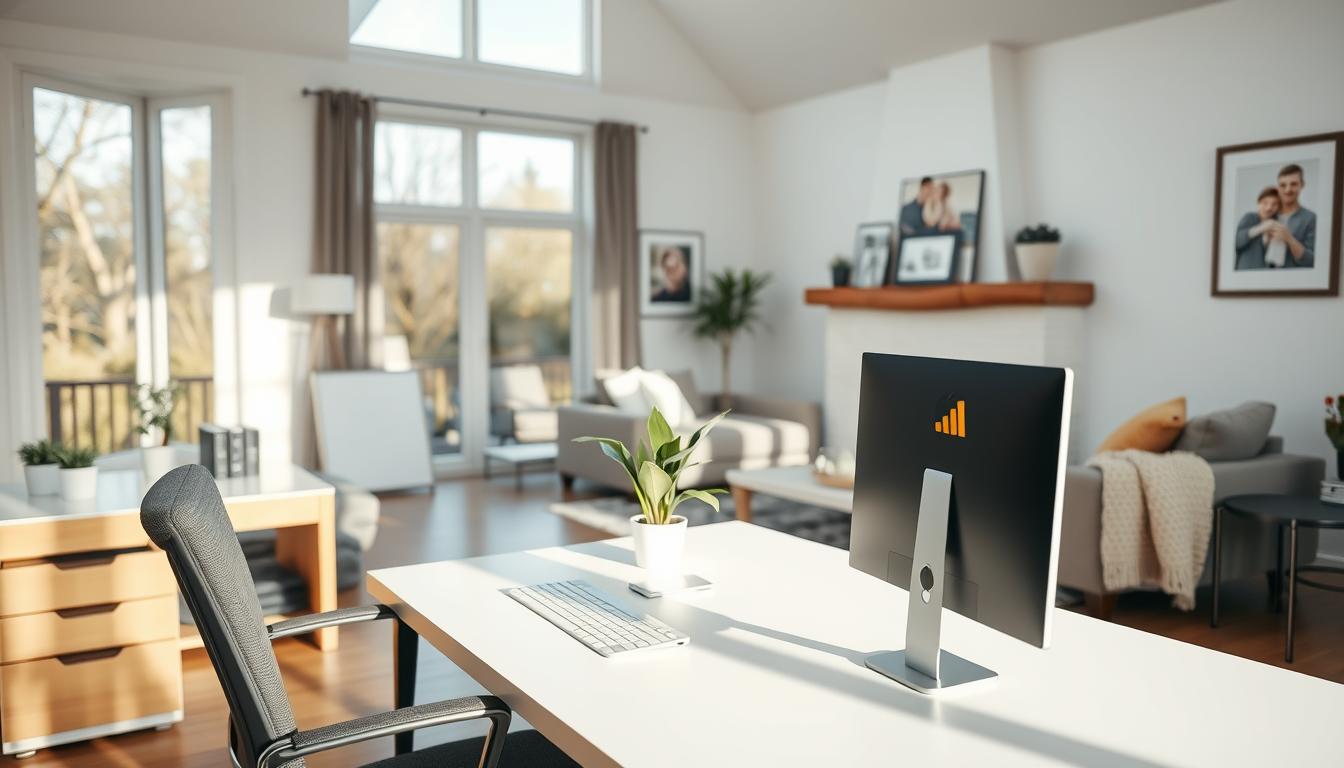 A tranquil scene of a modern home office, with a well-organized desk and a comfortable chair. In the background, a cozy living room with plush furniture and a warm fireplace, signifying the balance between work and family life. Natural light filters through large windows, casting a serene glow over the entire space. The walls are adorned with family photos and artwork, reflecting the harmonious integration of professional and personal pursuits. A potted plant on the desk and a soft throw blanket on the couch add touches of domestic comfort. The overall atmosphere conveys a sense of balance, productivity, and contentment.