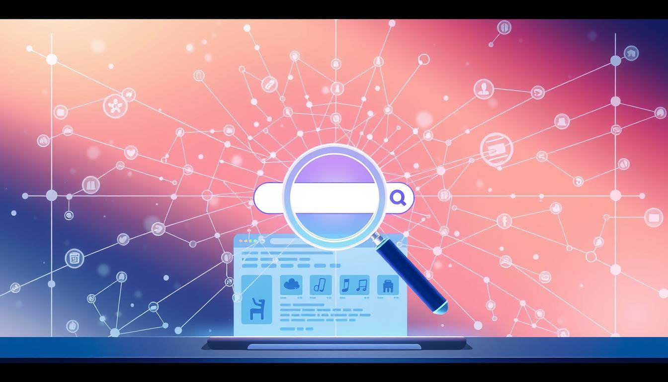 A striking digital illustration showcasing the concept of search engine optimization (SEO) for product listings. The scene depicts a sleek, modern e-commerce website interface, with various product images and descriptions prominently displayed. In the center, a magnifying glass icon symbolizes the search functionality, surrounded by a web of interconnected nodes and data streams, representing the complex algorithms that power effective SEO. The background features a subtle gradient of warm tones, creating a sense of technological sophistication. The overall composition conveys the idea of optimizing product visibility and discoverability through strategic SEO practices.
