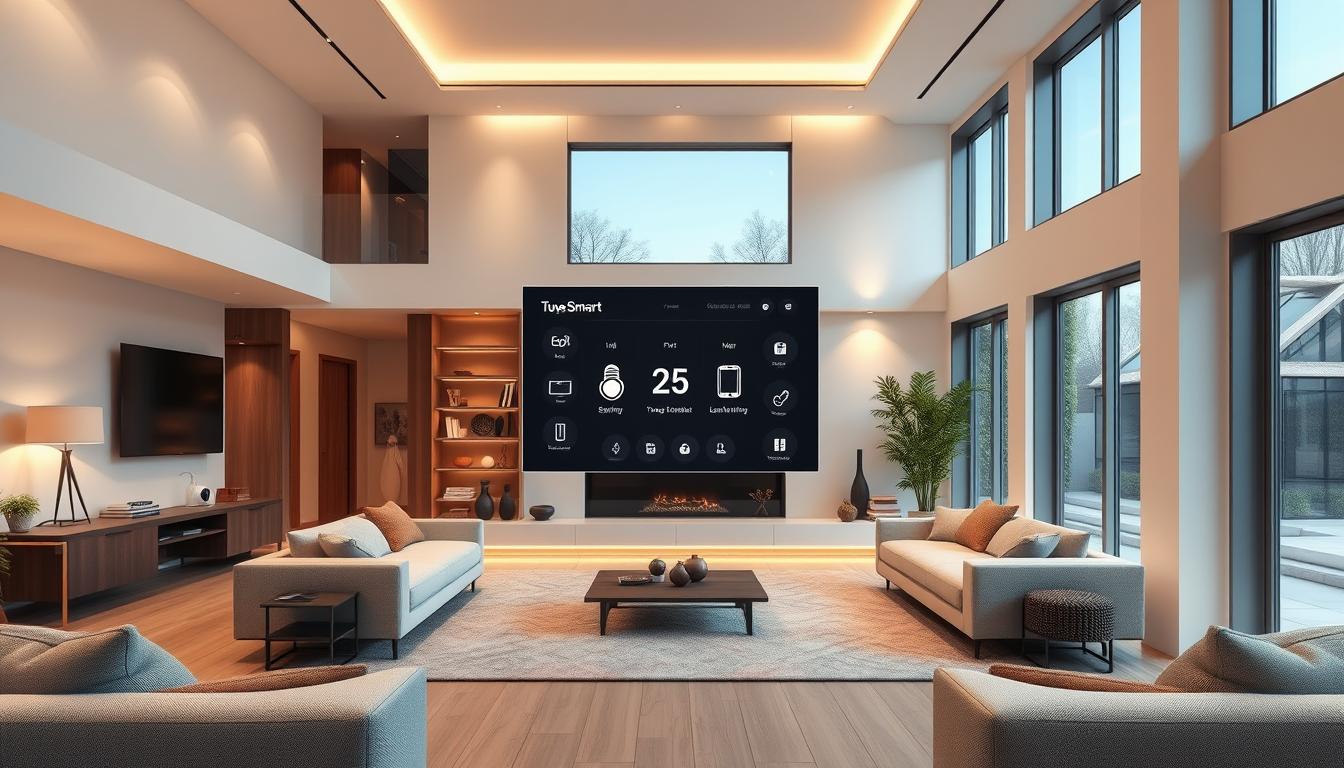 Elegant modern home interior with smart home automation system. Sleek and minimalist design with large windows, natural lighting, and clean lines. Centralized control panel displaying various smart home functions like lighting, temperature, security, and device management. Subtle Tuya Smart branding on the control panel. Warm, inviting atmosphere with a touch of futuristic technology. High-quality render with attention to detail and depth of field.