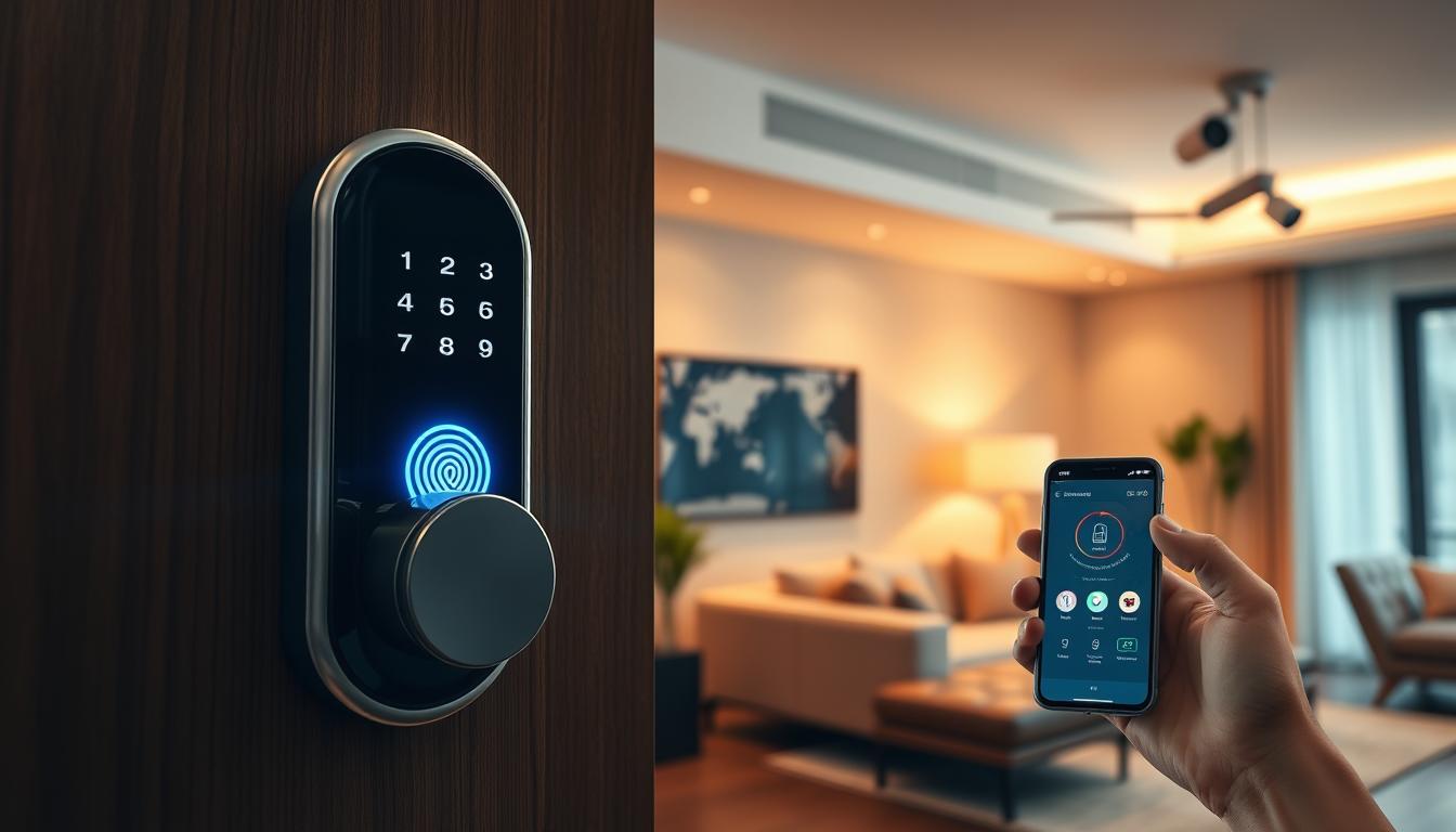 A modern interior scene depicting advanced smart lock technology. In the foreground, a sleek smart lock is mounted on a wooden door, with its illuminated control panel showcasing biometric features like fingerprint scanning and keyless entry. In the middle ground, a high-tech smartphone displays a security app interface, allowing remote access and monitoring. The background shows a stylish, well-lit living space with contemporary furniture and security cameras subtly integrated into the design. The lighting is warm and inviting, creating a sense of trust and safety. The camera angle is slightly angled upward, emphasizing the smart lock's innovation and functionality, while maintaining a polished, professional atmosphere.