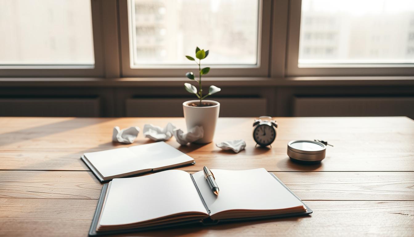 A serene, minimalist workspace illustrating the concept of &quot;letting go.&quot; In the foreground, a wooden desk with an open notebook and a single, well-used pen, symbolizing focused intention. In the middle, a potted plant represents personal growth, surrounded by a few discarded items like crumpled papers and a small clock, symbolizing the release of unnecessary distractions. The background features a large window with soft, natural light streaming in, casting gentle shadows that evoke a sense of calm and clarity. The mood is reflective and inspiring, encouraging viewers to consider what they might shed to achieve their personal goals. The composition uses a warm color palette to enhance the atmosphere of positivity and growth, captured from a slightly elevated angle to encompass both the desk and the view outside.