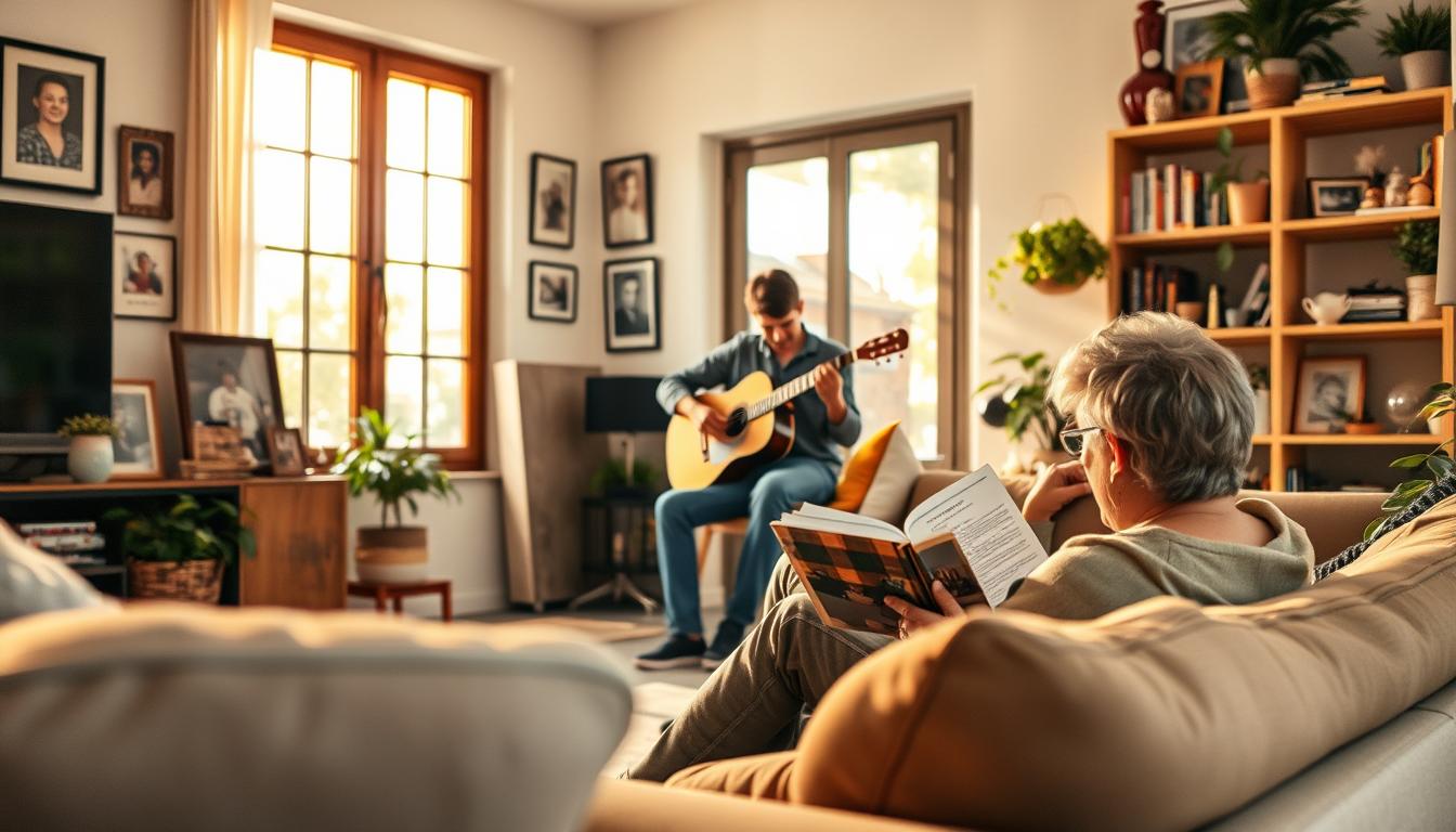 A cozy, well-lit living room with warm, natural light filtering through large windows. In the foreground, a person sitting on a comfortable sofa, deeply engaged in a book. In the middle ground, a person playing a guitar, surrounded by framed photos and plants. In the background, a bookshelf filled with various trinkets and mementos, reflecting the owner's diverse interests and hobbies. The overall scene conveys a sense of tranquility, balance, and the importance of dedicating time to personal relationships and passions.