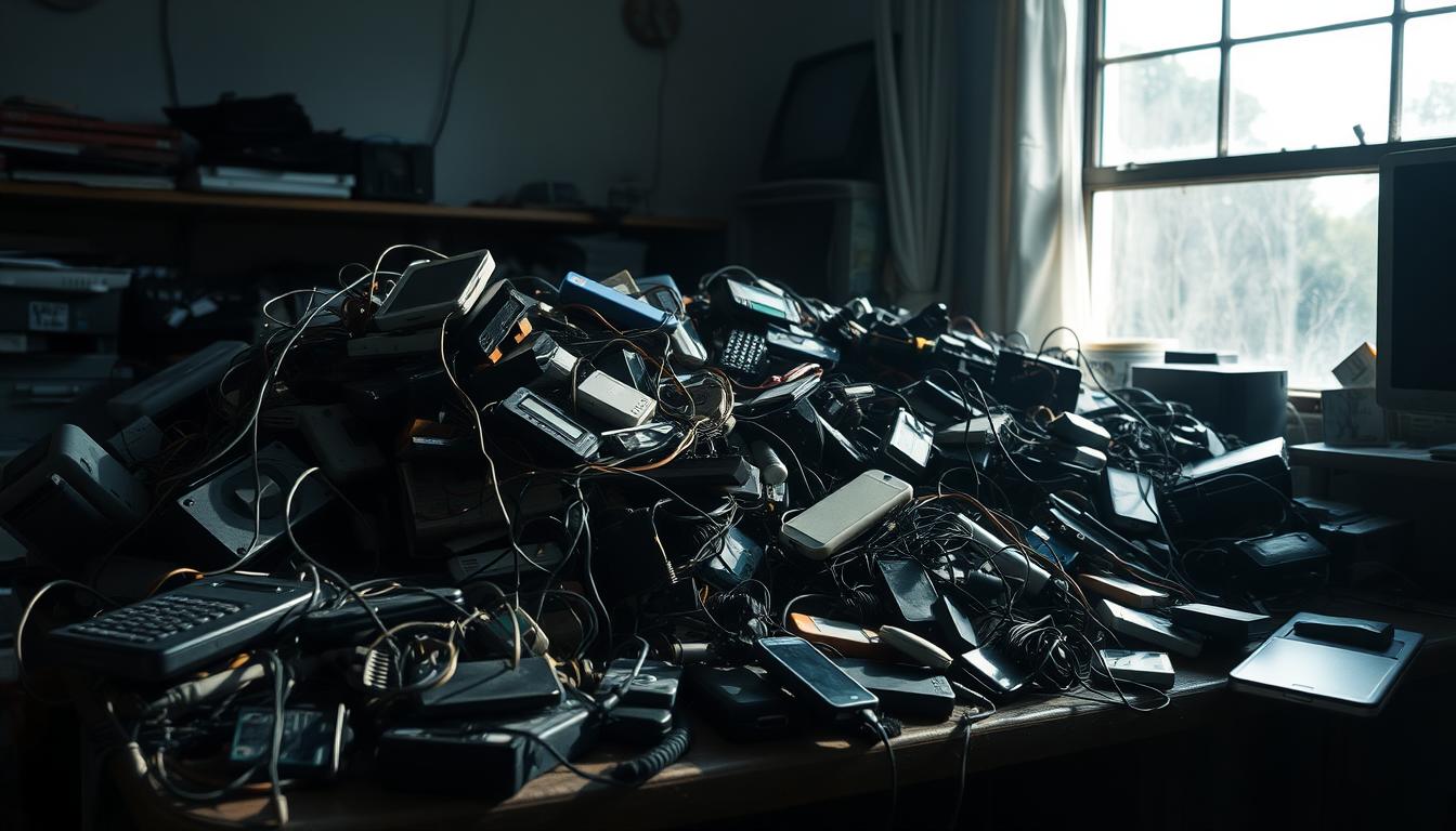 A large pile of discarded electronic devices, including computers, phones, and other gadgets, sits on a cluttered workbench. The scene is dimly lit, casting shadows that highlight the tangled wires and broken components. In the background, a window lets in a soft, natural light, creating a contrast between the chaos of the foreground and the tranquility outside. The image conveys a sense of the environmental impact of electronic waste, inviting the viewer to consider the importance of proper recycling and disposal of these materials.