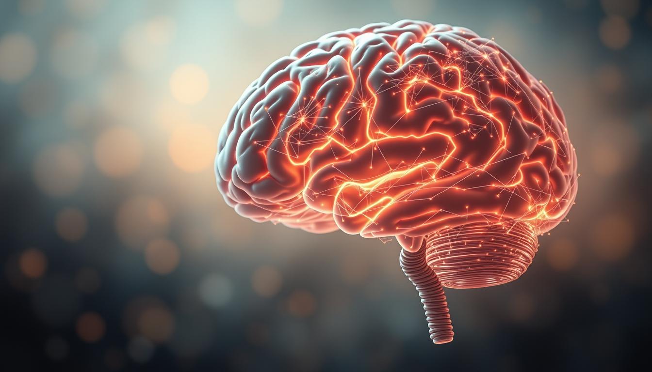 عادات إيجابية يومية وتأثيرها العميق على تطوير الذات A serene, softly lit scene depicting the intricate connections within the human brain. In the foreground, a detailed cross-section of the cerebral cortex, its intricate neural networks glowing with subtle energy. In the middle ground, a vibrant, ever-evolving visual representation of the transformative power of daily habits, their influence shaping the brain's dynamic architecture. The background bathes in a soothing, contemplative atmosphere, suggesting the profound impact of mindful, positive routines on personal growth and fulfillment. Rendered with a sense of depth, balance, and scientific accuracy, this image aims to visually convey the deep, symbiotic relationship between our habits and the remarkable plasticity of the human mind.