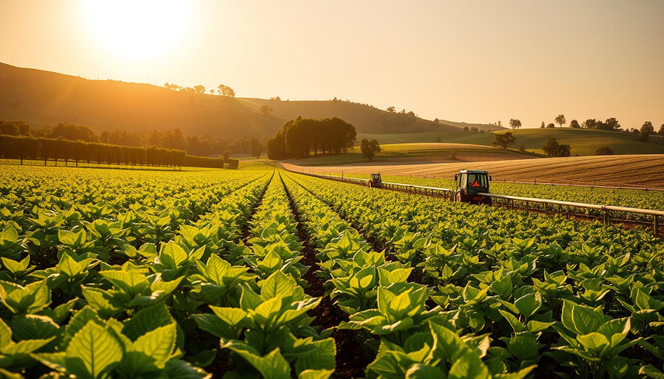 A lush, verdant agricultural landscape under a warm, golden sun. In the foreground, rows of thriving crops sway gently in the breeze, their leaves a vibrant green. In the middle ground, advanced irrigation systems and modern farming equipment are carefully deployed, optimizing water and resource usage. The background features rolling hills dotted with healthy trees, suggesting a balanced, sustainable ecosystem. The scene conveys a sense of abundance, efficiency, and harmony between human ingenuity and the natural world, reflecting the strategies for enhancing crop productivity.