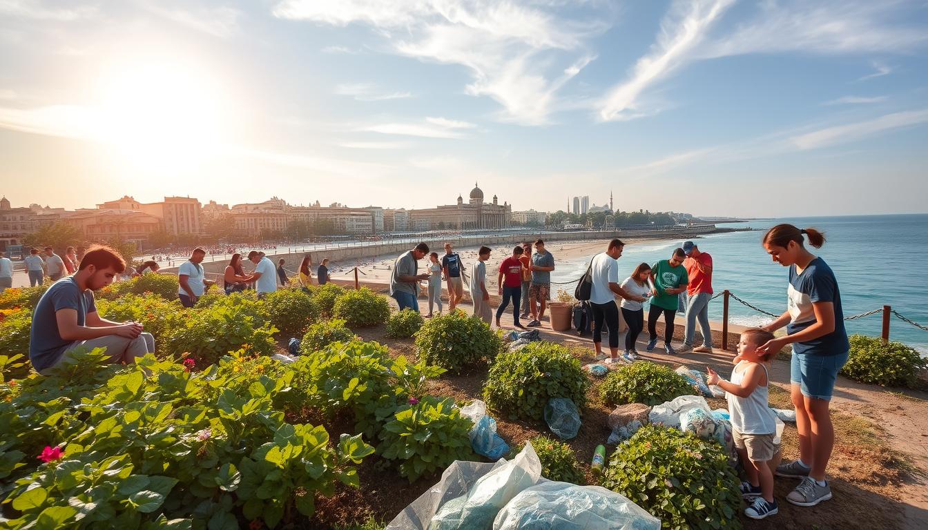 مشاريع شبابية بيئية في الإسكندرية والساحل الشمالي A vibrant coastal scene in Alexandria, Egypt. In the foreground, young people tending to a lush community garden, growing vegetables and flowering plants. In the middle ground, a group of volunteers cleaning up a nearby beach, collecting plastic waste and sorting recyclables. In the background, a panoramic view of the city's iconic corniche, with its historic architecture and the sparkling Mediterranean Sea. Warm, golden sunlight filters through wispy clouds, casting a serene glow over the entire scene. A sense of environmental stewardship and civic pride permeates the atmosphere, showcasing the innovative green initiatives led by the city's youth.
