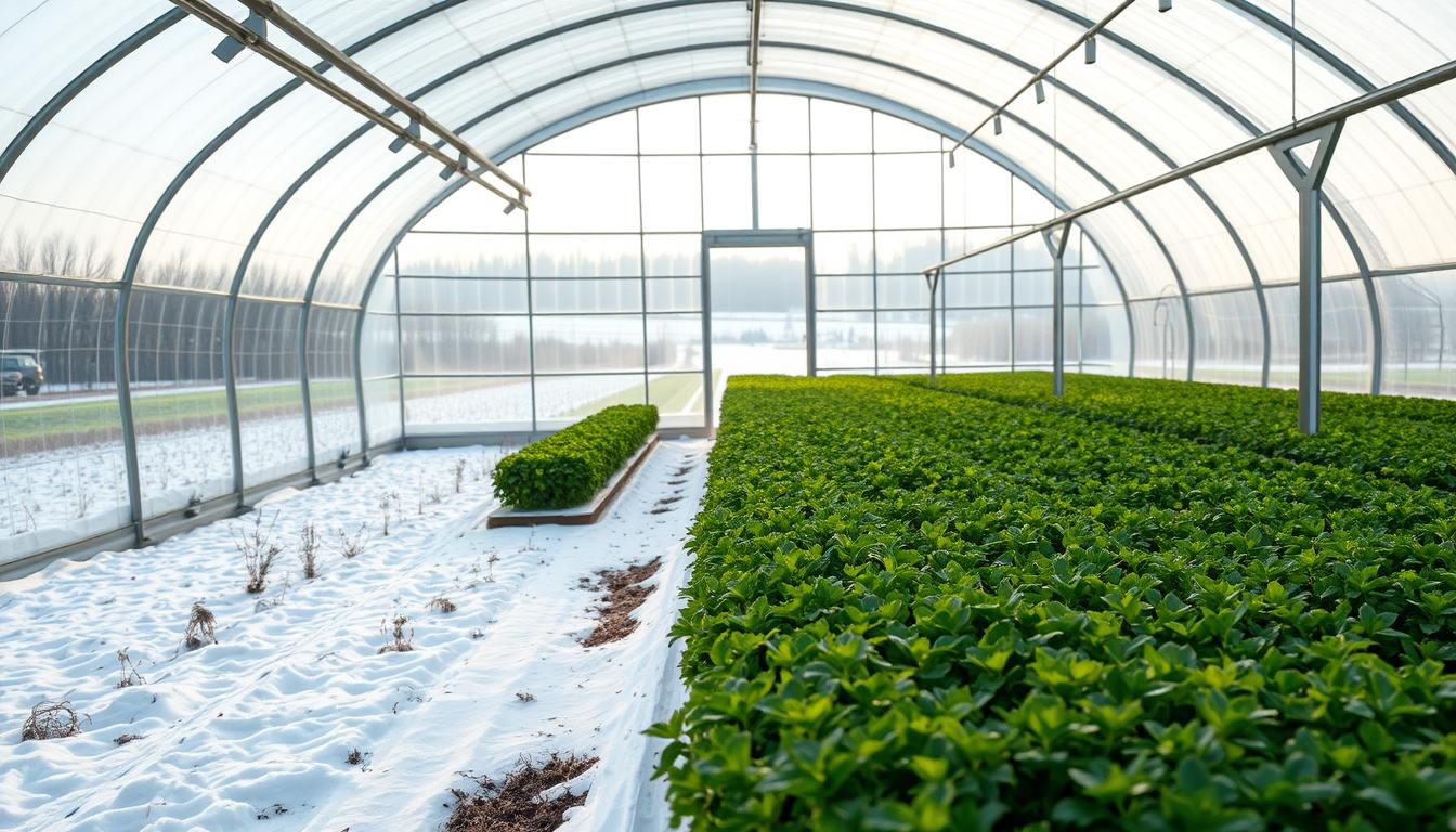 A large, spacious greenhouse with a curved glass roof and aluminum frame stands in the foreground, bathed in soft, diffused natural light. Inside, rows of lush, verdant plants thrive in the protected environment, shielded from the harsh winter conditions outside. The greenhouse's climate-controlled atmosphere maintains an optimal temperature and humidity, allowing delicate crops to flourish even in the midst of the chilly season. In the background, a snow-covered landscape stretches out, emphasizing the stark contrast between the harsh outdoor conditions and the sheltered, nurturing space of the greenhouse. The scene conveys a sense of tranquility, productivity, and the triumph of human ingenuity in overcoming the challenges of the winter climate to ensure a successful harvest.