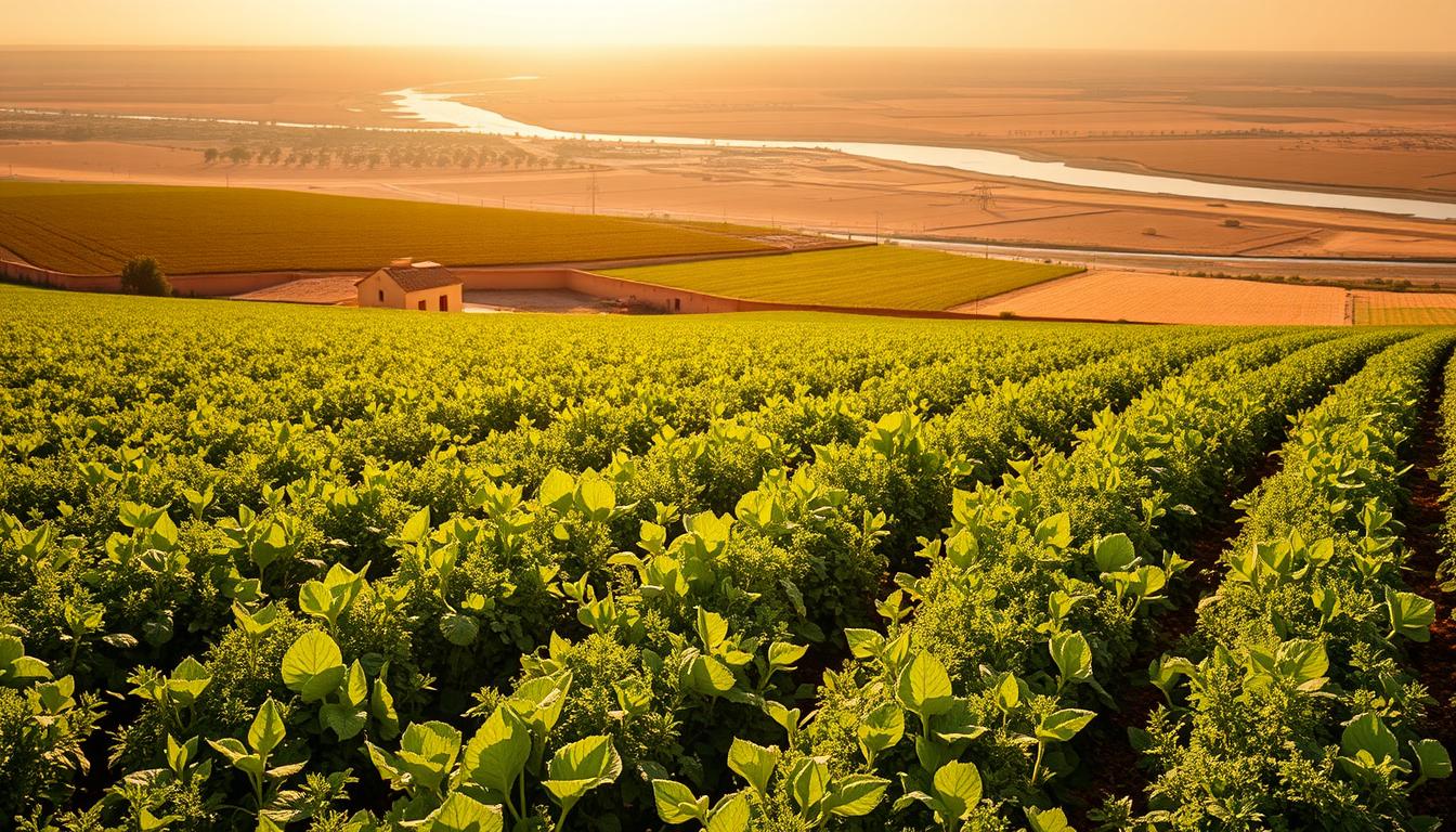 A vast, sun-drenched field in the heart of Egypt, lush with verdant organic crops. In the foreground, rows of vibrant vegetables and herbs sway gently in a light breeze. The middle ground reveals a small farmhouse, its ochre walls and terracotta roof blending harmoniously with the surrounding landscape. In the distance, the Nile River winds its way through the fertile Nile Delta, the lifeblood of this ancient agricultural region. The scene is bathed in a warm, golden light, capturing the timeless essence of organic farming in this timeless land.