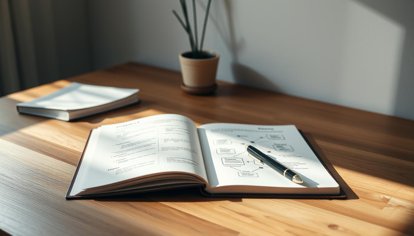 A serene workspace with a wooden desk, a pen and a notebook open, showcasing the process of note-taking and idea organization. Soft, natural lighting illuminates the scene, creating a contemplative atmosphere. The notebook pages are filled with handwritten notes and diagrams, reflecting the act of structuring and refining thoughts. In the background, a minimalist wall decoration or a potted plant adds a touch of simplicity and balance. The overall composition emphasizes the importance of mindful and systematic idea exploration.