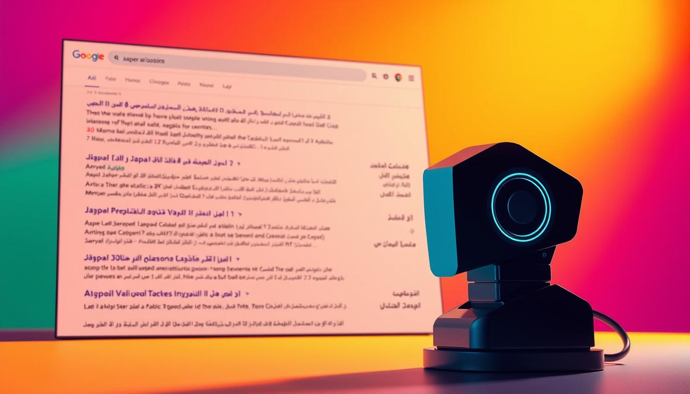 A high-contrast digital illustration depicting Jasper AI, a sleek and modern AI-powered writing assistant, prominently featured in the foreground against a backdrop of search engine result pages (SERPs) showcasing Arabic text and a bold, colorful gradient. The scene is illuminated by a warm, directional light source, casting dramatic shadows and highlights to accentuate the technology's sophistication. The composition emphasizes Jasper's role in optimizing SEO for Arabic content, with the SERPs conveying a sense of authority and online visibility. The overall mood is one of technological prowess, digital innovation, and effective online marketing strategies.