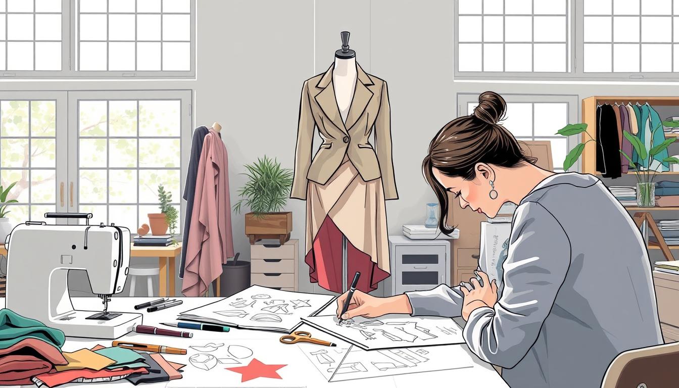 A well-designed, modern fashion illustration showcasing the creative process of repurposing old clothes. The foreground depicts a fashion designer meticulously sketching new garment designs, surrounded by sewing tools, fabric swatches, and a sewing machine. The middle ground features a mannequin adorned in a chic, upcycled ensemble - a tailored jacket paired with a stylishly draped skirt, all constructed from repurposed materials. The background subtly suggests an eco-friendly, sustainable workshop setting with natural light filtering through large windows. The overall mood is one of artistic inspiration, innovation, and environmental consciousness.