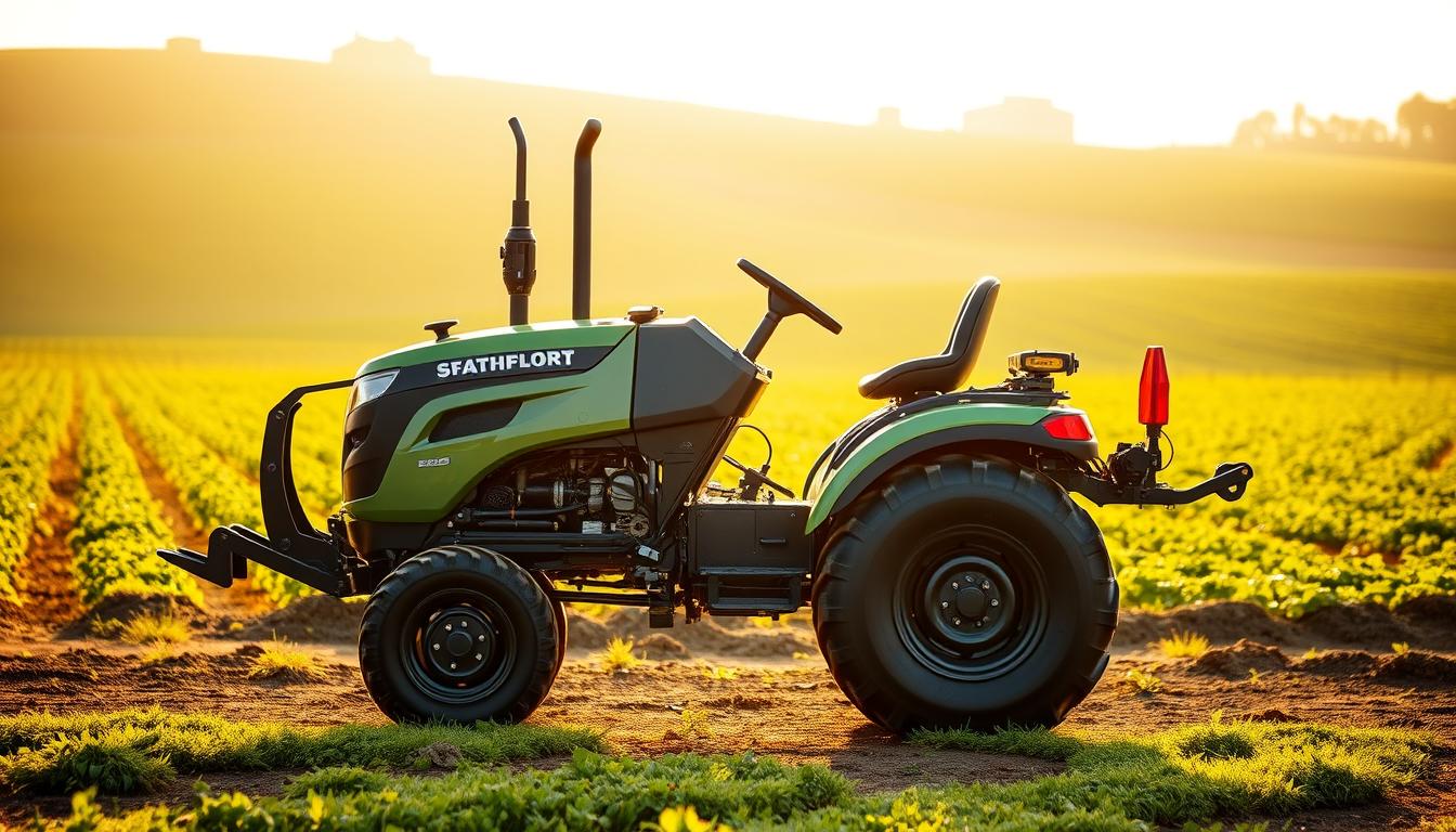 A compact, versatile multi-purpose tractor stands in a well-lit, spacious agricultural setting. The tractor features a sleek, modern design with a compact frame, large treaded tires, and a range of attachments and implements. The foreground showcases the tractor's functionality, with various tools and accessories ready for diverse farming tasks. The middle ground depicts a verdant, rolling landscape dotted with rows of crops, hinting at the tractor's versatility in handling a variety of agricultural applications. The background is characterized by a warm, golden light, creating a serene, productive atmosphere. The overall composition highlights the tractor's ability to streamline labor-intensive operations, making it an efficient and indispensable tool for small-scale farming.