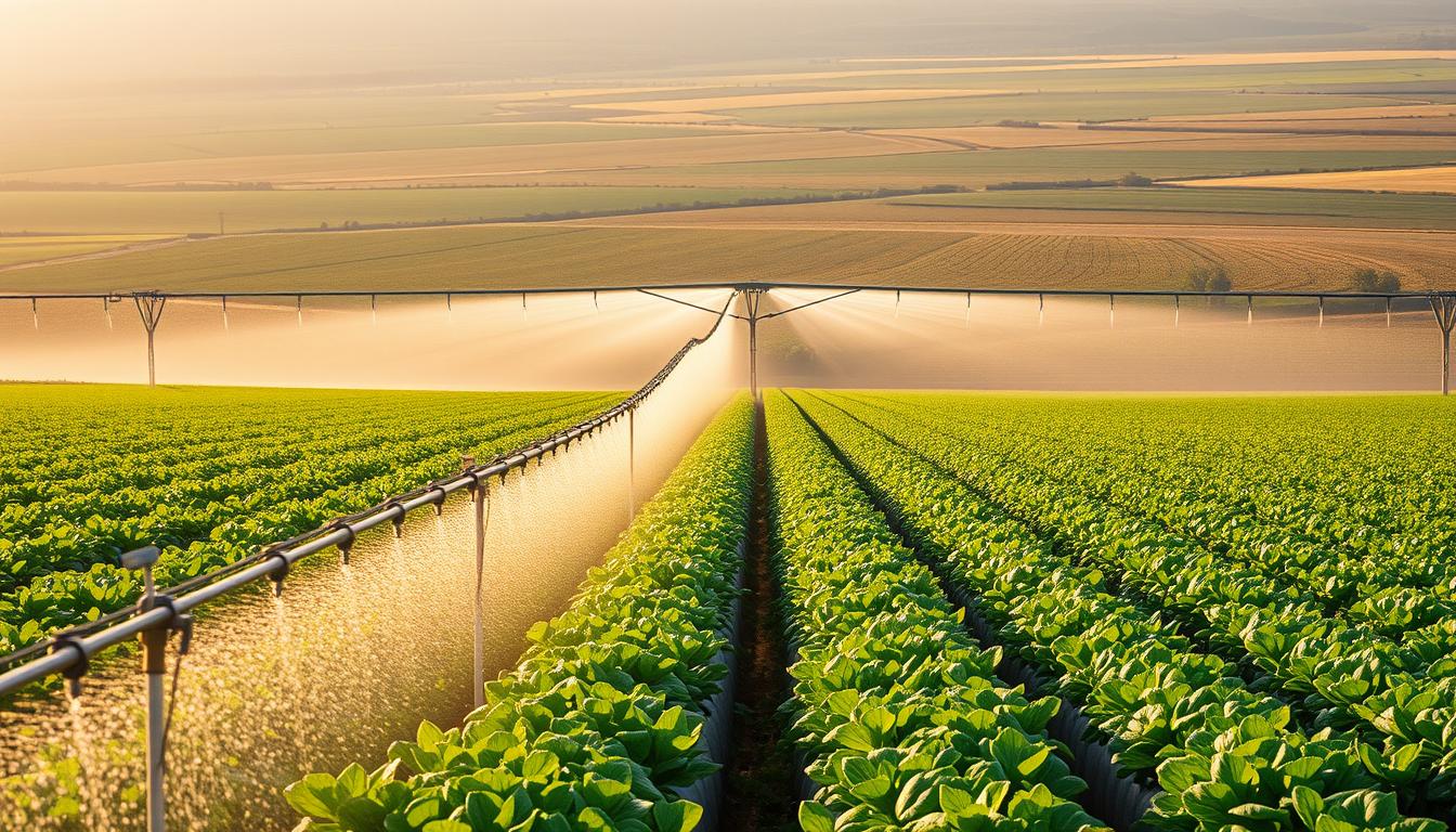 A lush, verdant agricultural landscape with modern irrigation systems prominently featured. In the foreground, a drip irrigation system waters a thriving crop field, with precisely targeted water delivery. In the middle ground, a central pivot irrigator rotates, spraying a fine mist over a expansive plot. In the background, a state-of-the-art linear move irrigation system extends across a vast, flourishing farmland. The scene is bathed in warm, golden sunlight, creating a sense of productivity and prosperity. The overall impression conveys the latest advancements in efficient, sustainable water management for diverse agricultural applications.