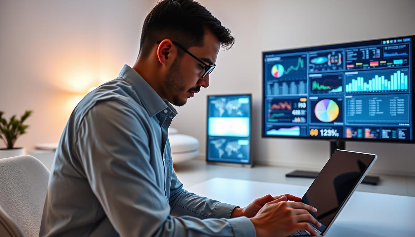 A thoughtful analysis of complex information, with Claude AI as a guiding hand. A serene, minimalist workspace, with a large display screen showcasing vibrant data visualizations. The user, immersed in deep contemplation, navigates through insights with a calm, focused expression. Soft lighting casts a warm glow, creating an atmosphere of clarity and concentration. Sleek, modern furniture and clean lines suggest an environment designed for productive, intelligent decision-making. The overall scene conveys the power of leveraging AI-driven tools to unlock the true value of information.