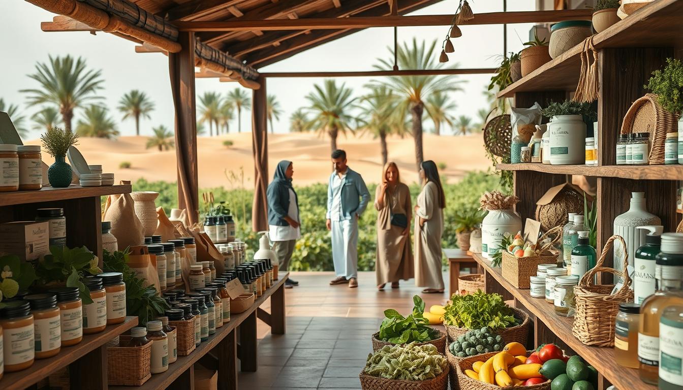 التوجهات الجديدة في السوق المصري لعام 2025 A serene and vibrant scene of eco-friendly products showcased in a modern Egyptian marketplace. In the foreground, an array of sustainable home goods, organic cosmetics, and locally-sourced produce are neatly displayed on rustic wooden shelves. The midground features a group of shoppers examining the wares, dressed in traditional and contemporary attire. In the background, a lush, verdant landscape with palm trees and sandy dunes creates a peaceful, natural ambiance. The lighting is soft and warm, highlighting the earthy tones and natural textures of the products. The overall composition conveys a sense of harmony between modernity and tradition, as well as a commitment to environmental consciousness in Egypt's 2025 consumer landscape.