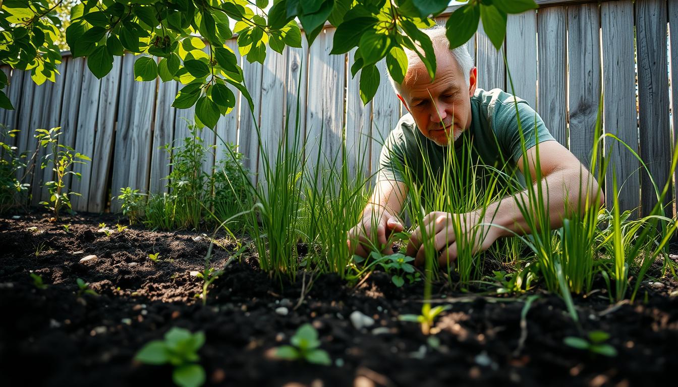 A lush garden setting, with a weathered wooden fence in the background. In the foreground, a person is meticulously removing weeds and tall grass by hand, their expression focused and determined. Sunlight filters through the leaves, casting gentle shadows across the scene. The soil is dark and rich, with scattered pebbles and small plants surrounding the individual. The composition emphasizes the manual labor and care involved in this sustainable weed removal process, evoking a sense of connection to the land and a respect for traditional methods.