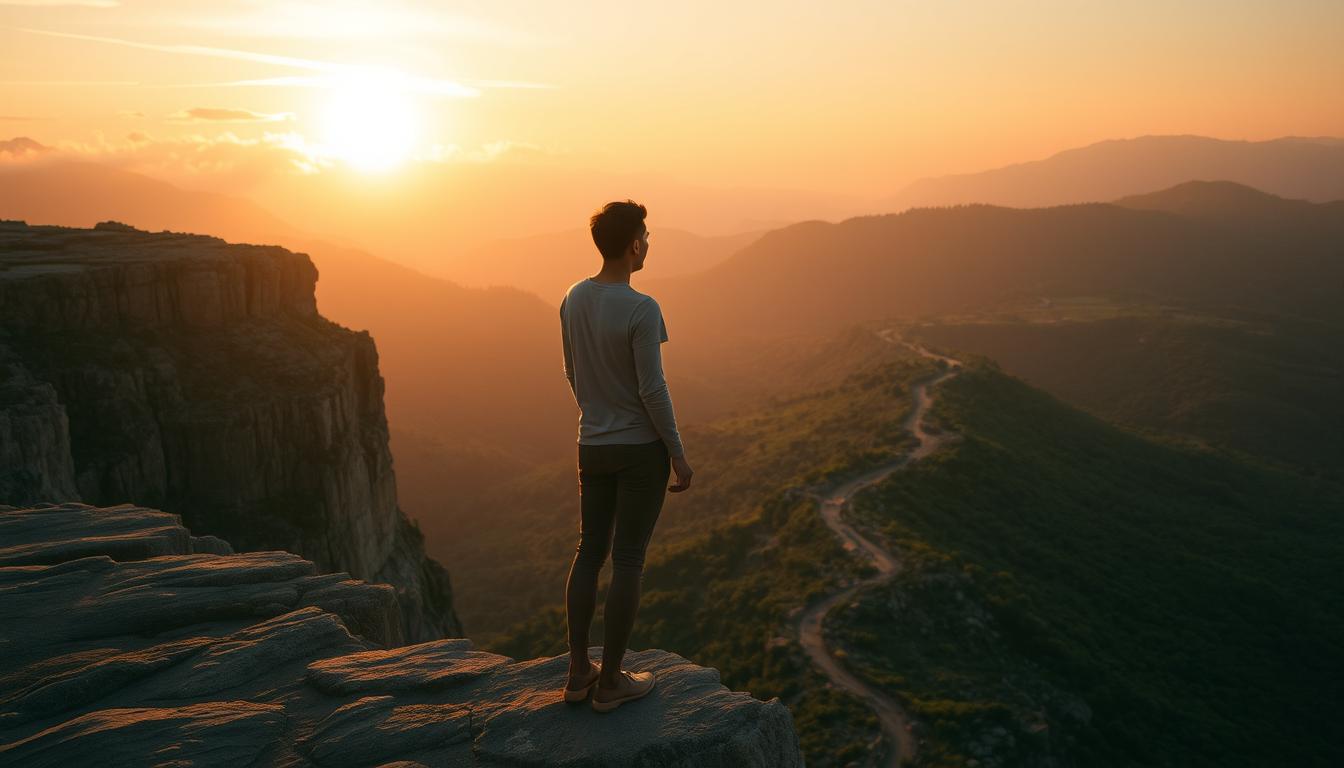 A serene, introspective figure stands at the edge of a rocky cliff, gazing out at the vast, ethereal landscape. The warm, golden light of the setting sun casts a gentle glow, illuminating the individual's pensive expression as they contemplate the personal challenges and growth that lie ahead. Wispy clouds drift across the sky, symbolizing the fluid, ever-changing nature of the journey. In the distance, a winding path leads into a lush, verdant valley, hinting at the transformative potential that awaits. The composition is balanced, with a sense of openness and possibility, inviting the viewer to embark on their own path of self-discovery and transformation.