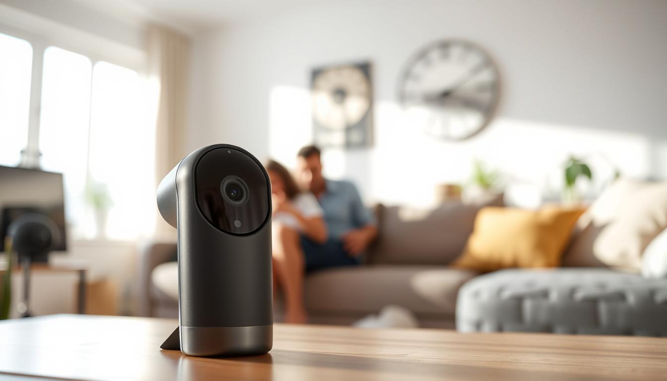 A sleek Google Nest Cam 2024 showcased prominently in the foreground, displaying its modern design with a glossy finish and an innovative lens. The camera is angled slightly to highlight its features, such as the adjustable mounting options and motion sensors. In the middle ground, a softly blurred living room environment illustrates a family setup, emphasizing the camera's applicability in a home setting. Natural light streams in from a nearby window, creating a warm, inviting atmosphere. The background includes subtle hints of decor, such as potted plants and a cozy couch, suggesting a safe and family-friendly space. The overall mood is secure and tech-savvy, reflecting the camera's advanced capabilities and user-friendly design.