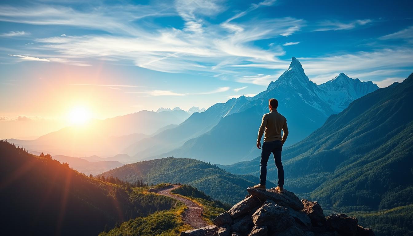 A vibrant, inspirational landscape depicting a transformative journey from the depths of despair to the heights of success. In the foreground, a solitary figure stands atop a rocky outcrop, gazing out over a vast expanse. The figure's posture exudes a sense of determination and hope, their silhouette backlit by a warm, golden sunrise. In the middle ground, a winding path leads through a lush, verdant valley, symbolizing the challenges and obstacles overcome. The background is dominated by towering, snow-capped mountains, their peaks piercing the azure sky, representing the pinnacle of achievement. Soft, diffused lighting bathes the scene in a serene, uplifting glow, conveying a sense of positivity and personal growth.