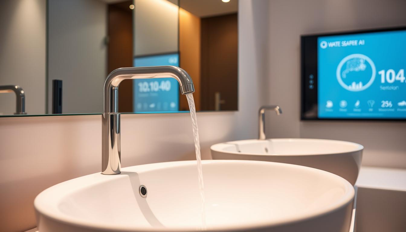 الطريقة الثالثة: ترشيد استهلاك الماء باستخدام تقنيات Sense AI A serene, modern bathroom with sleek, minimalist fixtures. The faucet is a streamlined, chrome-finished design, its flow meticulously controlled by an intuitive Sense AI interface. The sink basin is a smooth, white oval, reflecting the warm, indirect lighting from concealed sources. In the background, a wall-mounted touchscreen display showcases real-time water consumption data, encouraging mindful usage. The overall atmosphere is one of efficiency and environmental consciousness, subtly guiding the user towards responsible water management.