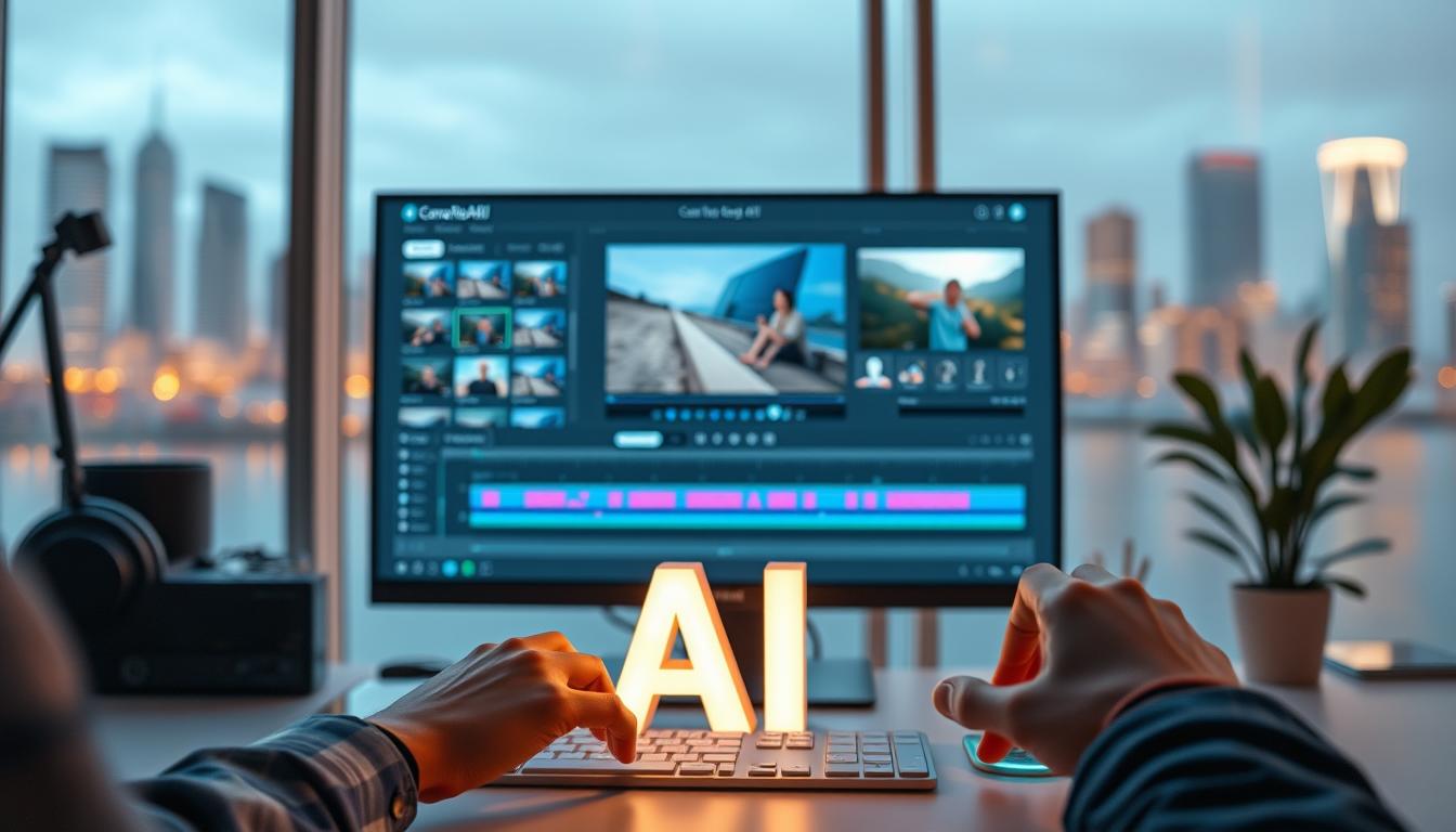 A stunning, cinematic image depicting the process of video editing using Canva AI. The scene showcases a modern, minimalist workspace with a large, high-resolution display showcasing the Canva AI video editing interface. In the foreground, a skilled designer's hands manipulate the video timeline, color grading tools, and various effects, creating a polished, professional-looking video. The middle ground features a 3D model of the Canva AI logo, glowing with a warm, soft light, symbolizing the power and ease of use of the platform. The background is a serene, blurred cityscape, hinting at the versatility and global reach of Canva AI. The overall mood is one of creativity, productivity, and the seamless integration of advanced technology with user-friendly design.