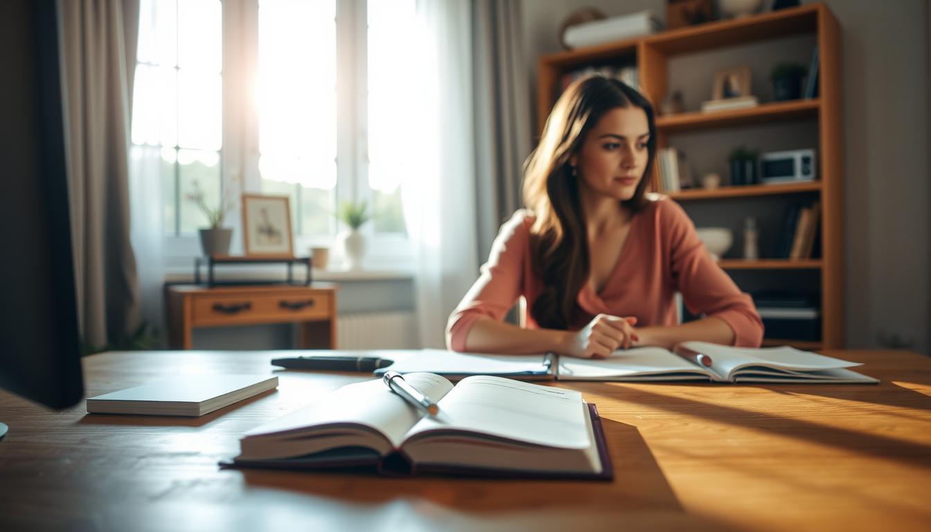 A peaceful home office setting with a woman sitting at a wooden desk, focused on organizing her schedule and prioritizing tasks. Warm, natural lighting illuminates her workspace, creating a calming atmosphere. In the foreground, a notebook and pen lay open, representing the process of time management. Behind the desk, shelves display neatly arranged books and decor, symbolizing order and efficiency. The overall scene conveys a sense of productivity, balance, and mindful control over one's time and responsibilities.