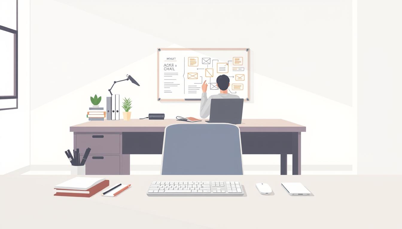 A productive and well-organized workday, captured in a strategic planning illustration. A neatly organized desk in the foreground, with a clean, minimalist design and soft natural lighting filtering in from the side. In the middle ground, a person seated at the desk, meticulously mapping out their tasks and priorities for the day on a whiteboard or digital interface. The background depicts a serene, modern office space, with clean lines, muted colors, and subtle textures that create a calming, focused atmosphere. The overall scene conveys a sense of efficiency, intention, and a well-thought-out approach to tackling the day's responsibilities.