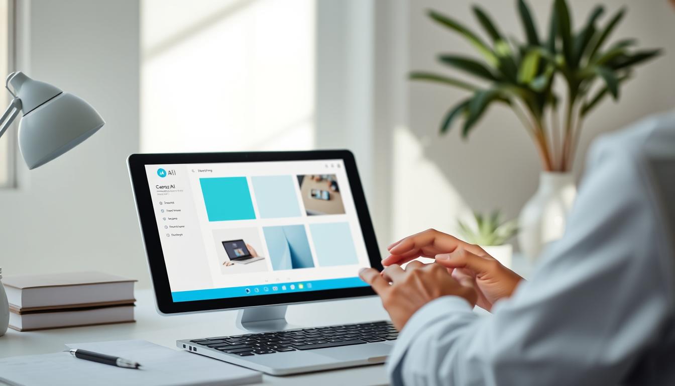 Serene workspace with minimalist Canva AI interface. Elegant blue and white hues, clean lines, and intuitive UI elements. Soft natural lighting illuminates the scene, creating a calming atmosphere. A pair of hands gracefully navigating the software, guiding the user through the basics. The background subtly blurred, keeping the focus on the beginner's experience with Canva AI. Convey a sense of simplicity, accessibility, and the user's growing confidence in design tools.