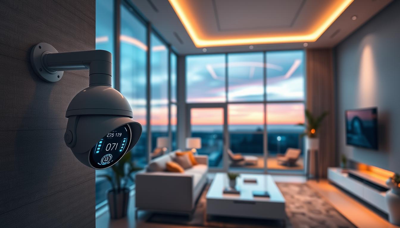 A futuristic smart home environment showcasing advanced AI surveillance systems. In the foreground, a sleek, high-tech security camera with a glowing interface is mounted on a stylish wall. The middle ground features a modern living room, equipped with large windows showing a picturesque neighborhood. Subtle indicators of AI technology, like digital interfaces and motion sensors, are embedded throughout the room, seamlessly blending into the décor. The background displays a tranquil evening sky with warm ambient lighting illuminating the scene, enhancing the atmosphere of safety and innovation. The overall mood is vibrant yet secure, evoking a sense of trust in technologically advanced home security solutions. Use a wide-angle lens effect to capture the entire space, emphasizing the harmony between technology and comfort.