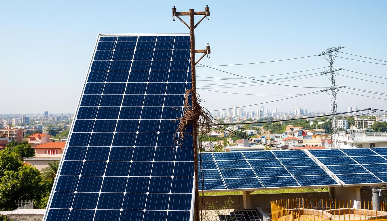 الطاقة الشمسية مقابل الكهرباء التقليدية: الفروق الأساسية A side-by-side comparison of a solar panel and a traditional electrical power line, set against a backdrop of a cityscape. The solar panel occupies the foreground, its sleek, modern design contrasting with the aging, tangled power lines in the middle ground. The cityscape in the background includes a mix of residential and commercial buildings, hinting at the diverse energy needs. The lighting is crisp and natural, casting shadows that emphasize the differences between the two power sources. The overall mood is one of innovation and progress, highlighting the potential of solar energy to replace traditional electricity.