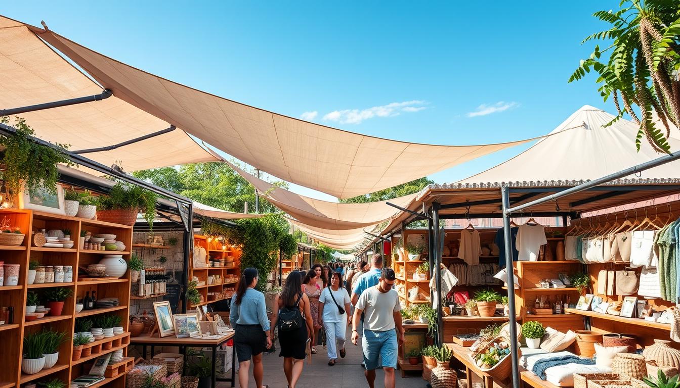 دور المستهلك في دعم المنتجات المستدامة A bustling open-air marketplace, lined with vibrant stalls showcasing a diverse array of sustainable products. Wooden shelves display eco-friendly home goods, organic textiles, and handcrafted artisanal items. Shoppers wander amid the lush greenery of potted plants and the warm glow of natural lighting filtering through large canvas canopies. The atmosphere is one of community, innovation, and environmental stewardship, with knowledgeable vendors eager to share the stories behind their ethically-sourced wares. Overhead, the sky is a brilliant azure, creating a sense of openness and possibility as shoppers immerse themselves in this oasis of sustainable commerce.