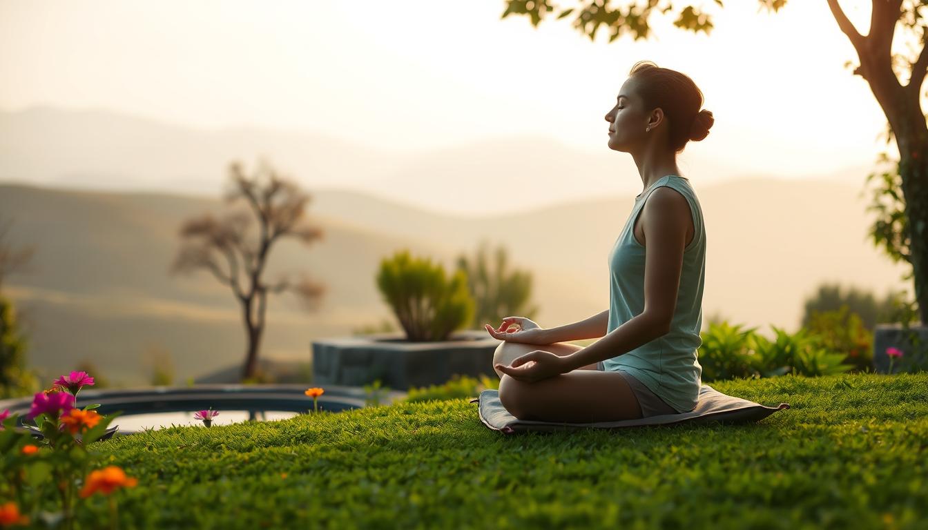 A serene, contemplative scene of a person meditating in a tranquil garden setting. The foreground features a person sitting cross-legged on a cushion, their eyes closed in deep concentration, radiating an aura of inner peace. The middle ground shows lush greenery, with vibrant flowers and a small, still pond reflecting the sky. The background is a soft, muted landscape with rolling hills, bathed in warm, golden light, conveying a sense of harmony and balance. The overall mood is one of mindfulness, relaxation, and introspection, capturing the essence of mental alertness and spiritual contemplation.