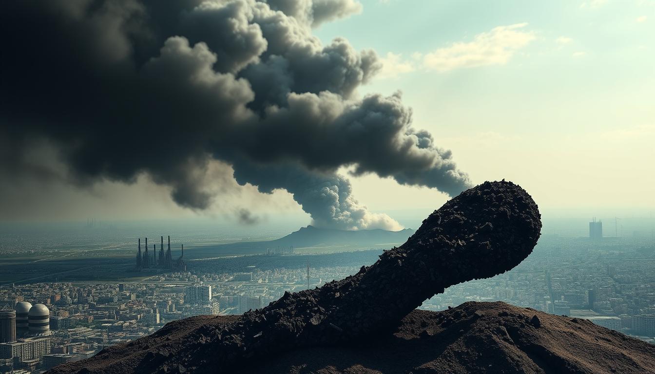 A detailed, photorealistic rendering of the carbon footprint, depicting its impact on the Egyptian environment. The image shows a sprawling cityscape in the background, with a towering column of smoke and emissions rising up, casting a dark, ominous shadow over the landscape. In the foreground, a visual representation of the carbon footprint takes center stage, depicted as a large, looming footprint made of charcoal and industrial waste, leaving a trail of destruction in its wake. The lighting is dramatic, with harsh, contrasty shadows and a somber, muted color palette to convey the gravity of the situation. The overall composition and mood aim to raise awareness about the environmental consequences of our lifestyle choices in Egypt.
