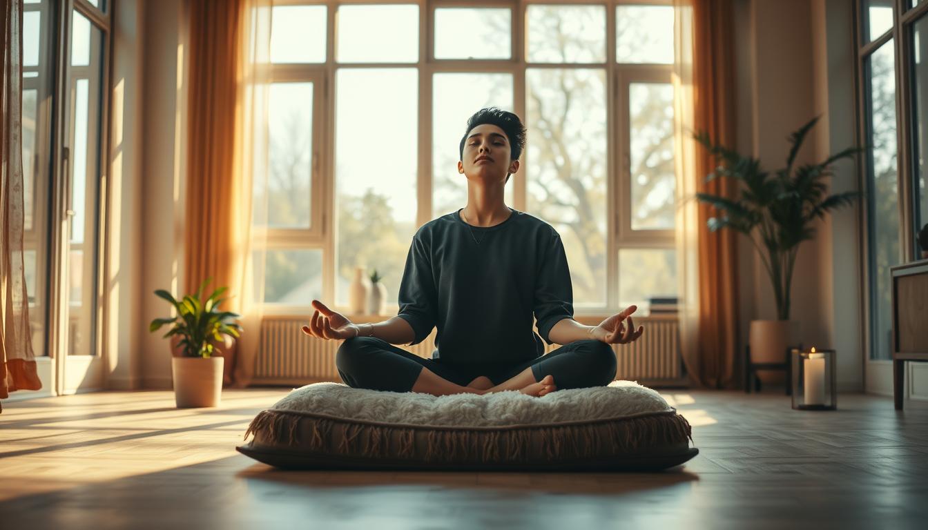 A serene and tranquil indoor scene, illuminated by warm natural lighting filtering through large windows. In the foreground, a person sits cross-legged on a plush meditation cushion, eyes closed in deep introspection. Surrounding them, an array of calming elements - a small potted plant, a lit candle, and a simple yet elegant decor that radiates a sense of mindfulness and self-reflection. The overall atmosphere is one of inner peace, focus, and a deliberate, meditative approach to personal growth and self-empowerment. The scene conveys a harmonious balance between the individual and their internal world, the key to sustainable self-motivation and success.