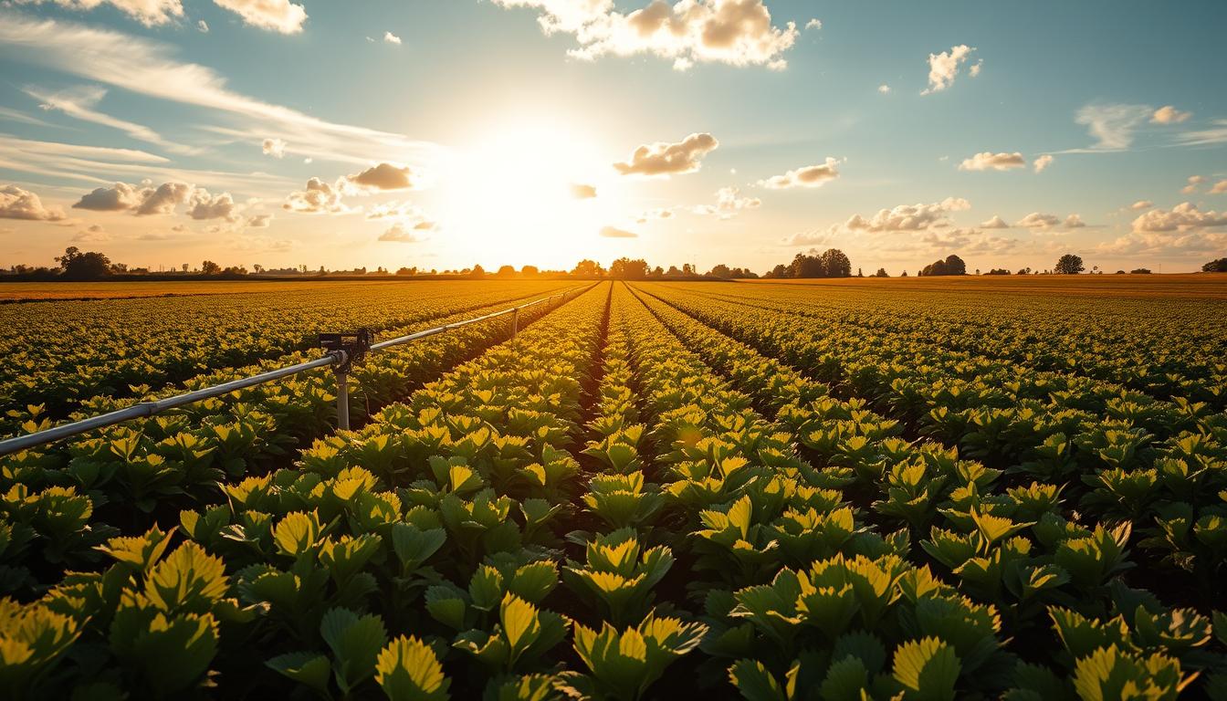 A lush, verdant field with rows of crops, illuminated by warm, golden sunlight filtering through wispy clouds. In the foreground, an array of cutting-edge irrigation systems - drip lines, sprinklers, and smart sensors - meticulously coordinating water delivery to the plants. In the middle ground, a sleek control panel displays real-time data and analytics, optimizing the system for maximum efficiency. In the background, a clear blue sky dotted with fluffy cumulus clouds, conveying a sense of harmony and sustainability. The scene radiates a sense of technological innovation seamlessly integrated with nature, showcasing the future of smart, precision agriculture.