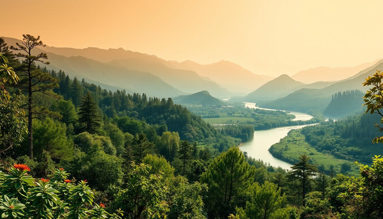 فوائد تقليل النفايات للبيئة والمجتمع A serene, panoramic landscape showcasing the benefits of waste reduction for the environment and society. In the foreground, lush forests and thriving flora bask in the warm, natural lighting. The middle ground features a pristine river winding through the scene, symbolizing the preservation of natural resources. In the background, majestic mountains rise up, their peaks untouched by human impact. The overall mood is one of harmony and balance, where a healthier, more sustainable future is within reach through conscious waste management practices.