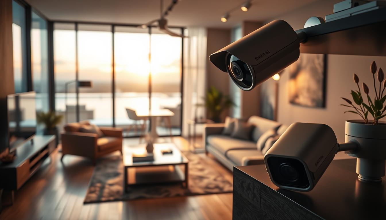 A high-tech smart surveillance camera system installed in a modern living room. In the foreground, showcase sleek, compact cameras with a matte finish, positioned on shelves and angles capturing different perspectives. In the middle ground, a stylish room adorned with contemporary furniture and minimalistic decor, bathed in warm, inviting lighting. Soft shadows create a cozy yet secure atmosphere, emphasizing the integration of technology into home life. The background features large windows revealing a serene outdoor view, hinting at the advanced security features of the cameras monitoring the surroundings. Capture this scene from a slight upward angle to evoke a sense of innovation and protection, ensuring the image conveys a feeling of safety and sophistication in home security technology.