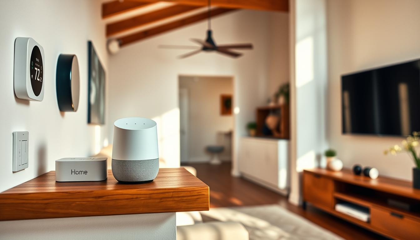 A sleek, modern living room with a Google Home device prominently displayed on a wooden shelf. The device is seamlessly integrated with a range of smart home appliances, including a thermostat, lighting, and a TV. The room is bathed in a warm, natural light, creating a cozy and inviting atmosphere. The decor is minimalist, with clean lines and neutral tones, allowing the technological elements to take center stage. The overall scene conveys a sense of effortless connectivity and control, showcasing how the Google Assistant can streamline and enhance the daily routines of a smart home.