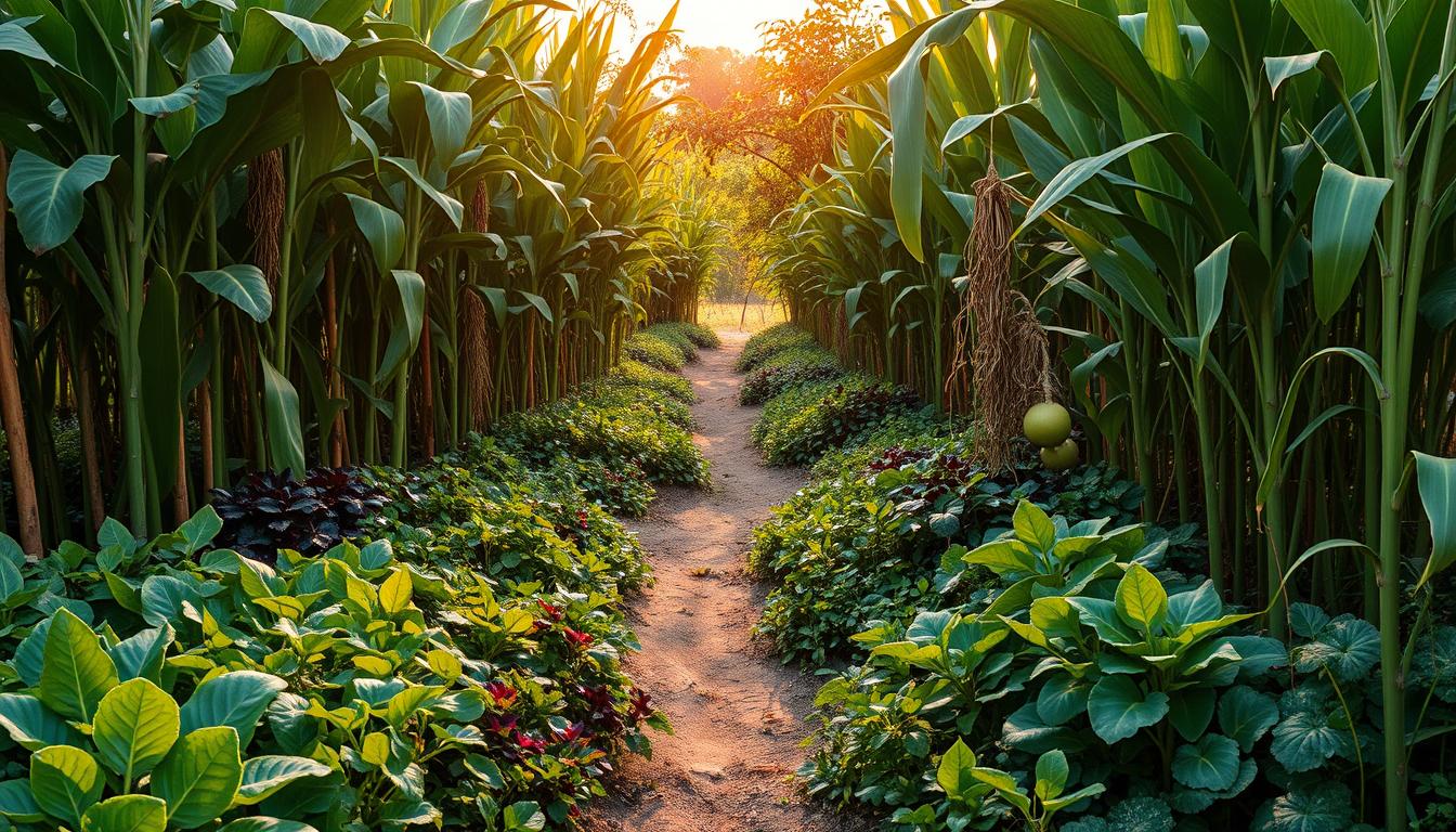 A lush, verdant garden with diverse crops growing in close proximity. A well-balanced, multi-layered scene showcasing the principles of intercropping. In the foreground, leafy vegetables and herbs intermingle, their vibrant colors and textures creating a visually appealing tapestry. In the middle ground, tall stalks of maize or sorghum rise above the understory, their broad leaves casting dappled shadows. Winding through the center, a meandering path leads the eye deeper into the scene, revealing the integration of fruit trees or climbing vines that add vertical dimension. Warm, golden sunlight filters through the canopy, illuminating the intricate web of plant life and highlighting the harmony of this symbiotic agroecosystem. The overall impression conveys the efficiency, productivity, and ecological benefits of the intercropping approach.
