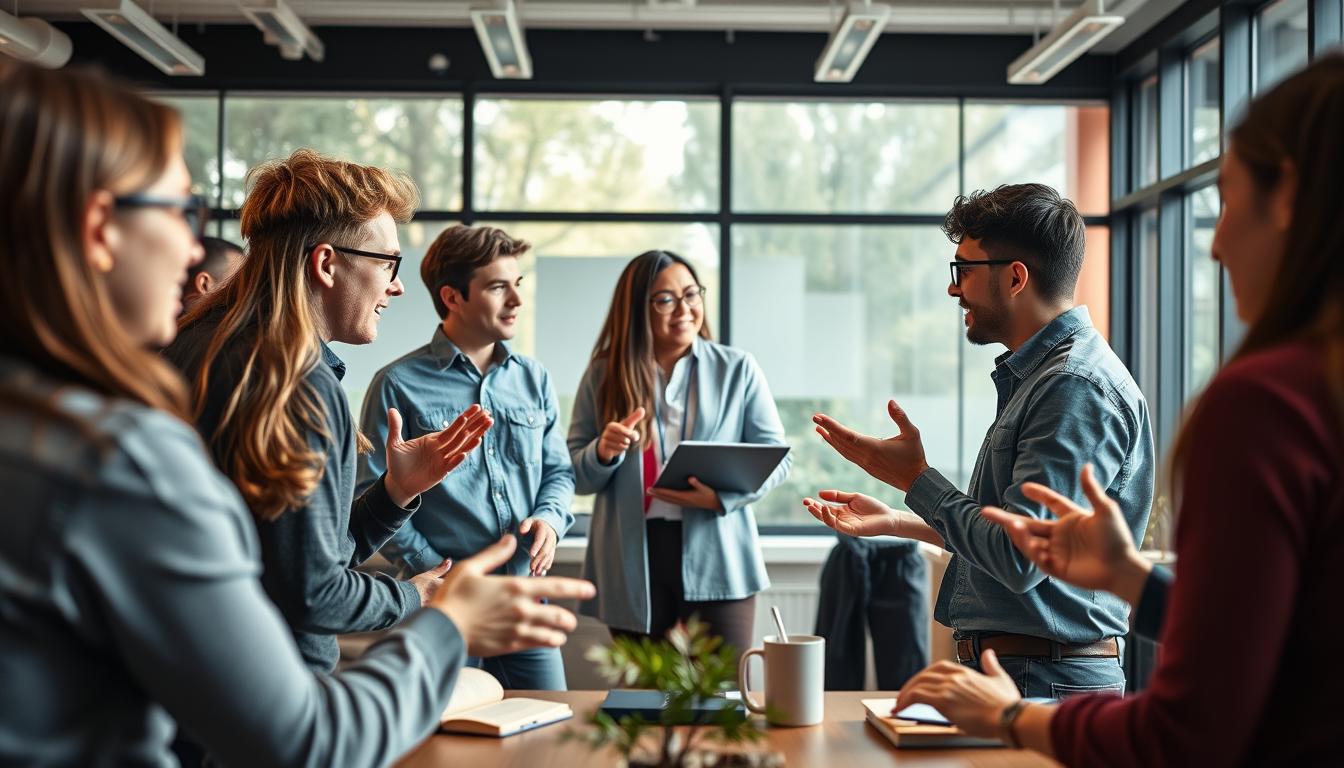 A vibrant, dynamic scene depicting the concept of &amp;quot;Active Learning&amp;quot;. In the foreground, a group of students engaged in collaborative discussions, gesturing animatedly and exchanging ideas. The middle ground showcases a lecturer guiding the students, using visual aids and hands-on demonstrations to foster an interactive learning environment. The background features a modern, well-equipped classroom setting with large windows, allowing natural light to flood the space and create a warm, inviting atmosphere. The lighting is soft and diffused, highlighting the engaged expressions on the students' faces and the sense of focus and exploration. The overall composition conveys a sense of energy, curiosity, and a learning process that is actively driven by the participants rather than passively received.