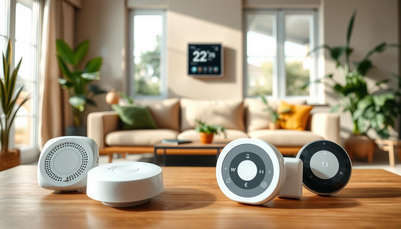 A modern living room featuring various environmental and home safety sensors. In the foreground, showcase a sleek carbon monoxide detector, a compact humidity sensor, and a sophisticated smoke alarm on a stylish wooden coffee table. The middle ground should include a contemporary smart thermostat on the wall, surrounded by lush indoor plants. The background offers a well-lit, inviting atmosphere with large windows allowing natural light to flood the space, enhancing the warm tones of the decor. Use soft, diffused lighting to create an atmosphere of safety and tranquility, while positioning the scene slightly from a low angle to emphasize the modern technology. Ensure the image is clean and professional, reflecting a smart home environment complete with these essential safety devices.