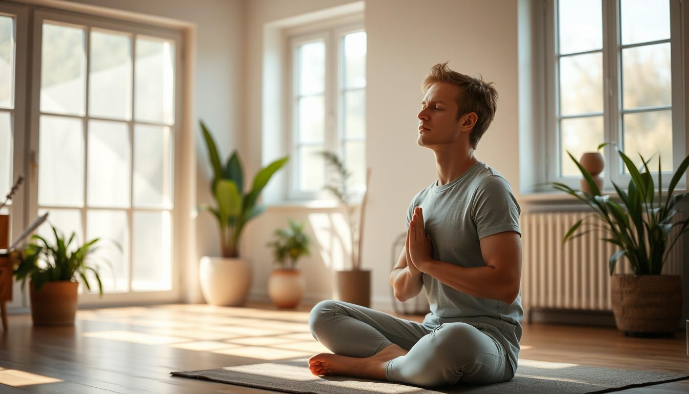 A serene indoor setting with a person sitting in a comfortable position, practicing deep breathing exercises. Soft natural lighting filters through large windows, creating a calming atmosphere. The individual's posture is relaxed, with hands resting gently on their lap. The background features minimal, soothing elements like potted plants or a simple, muted color palette to accentuate the focus on the breathing technique. The overall scene conveys a sense of tranquility and mindfulness, reflecting the restorative nature of the deep breathing practice.