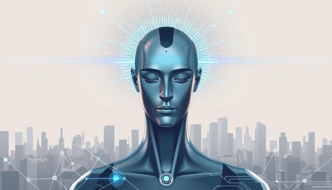 A detailed, thoughtful illustration of Claude AI, a state-of-the-art artificial intelligence system designed for critical thinking. The central focus is a sleek, metallic humanoid figure with a serene, pensive expression, surrounded by a radiant aura of blue and white light. In the foreground, abstract geometric shapes and interconnected circuits hint at the system's advanced computational capabilities. The background features a minimalist, futuristic cityscape, conveying a sense of technological progress and innovation. The overall mood is one of intellectual contemplation, conveying the power of Claude AI to enhance human critical analysis and decision-making.